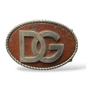 Dolce & Gabbana Mens DG Logo Oval Belt Buckle Brown Leather Silver Rope Edge